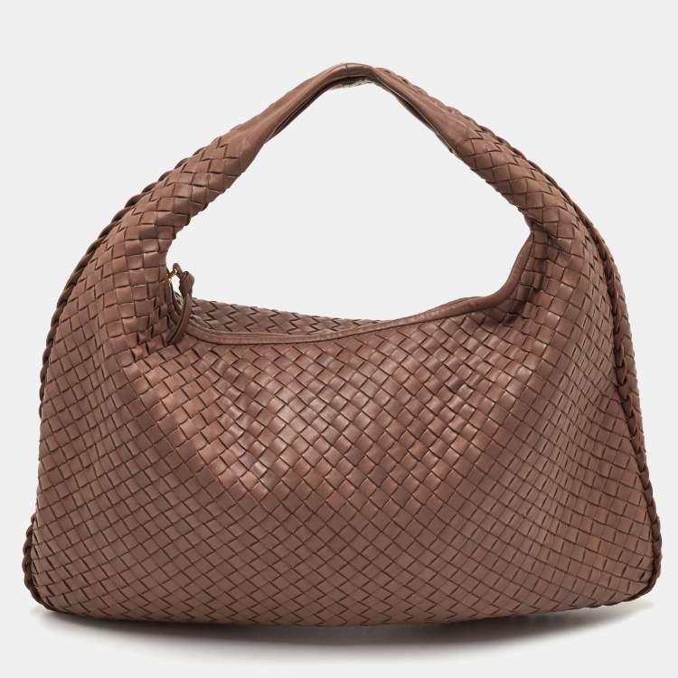 Pre Owned Bottega Veneta Large Brown Intrecciato Leather Veneta Hobo