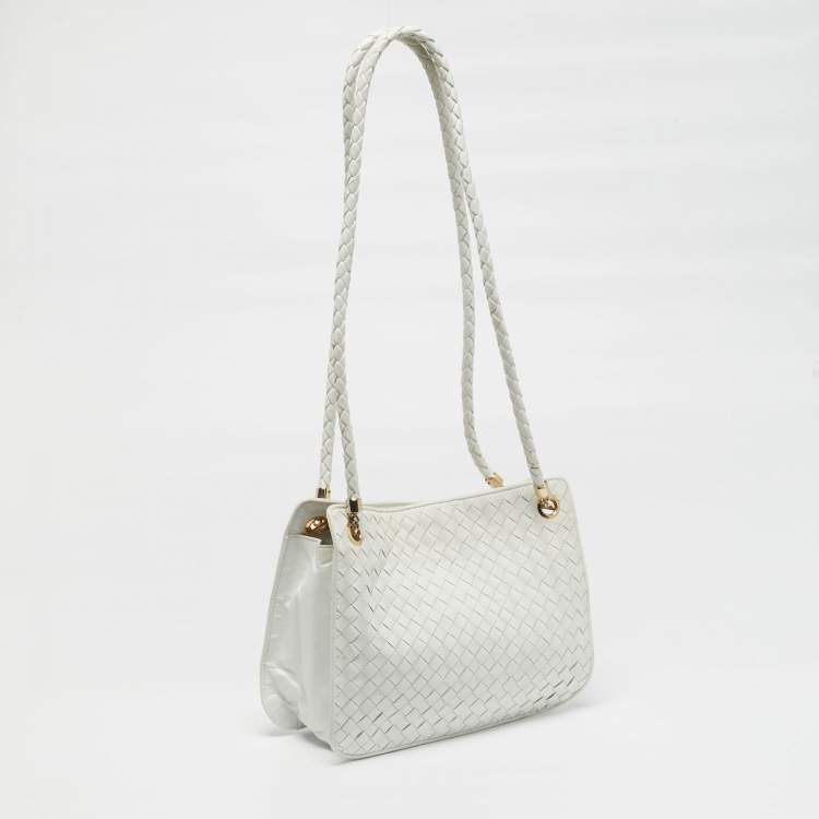 Pre Owned Bottega Veneta White Intrecciato Leather Shoulder Bag