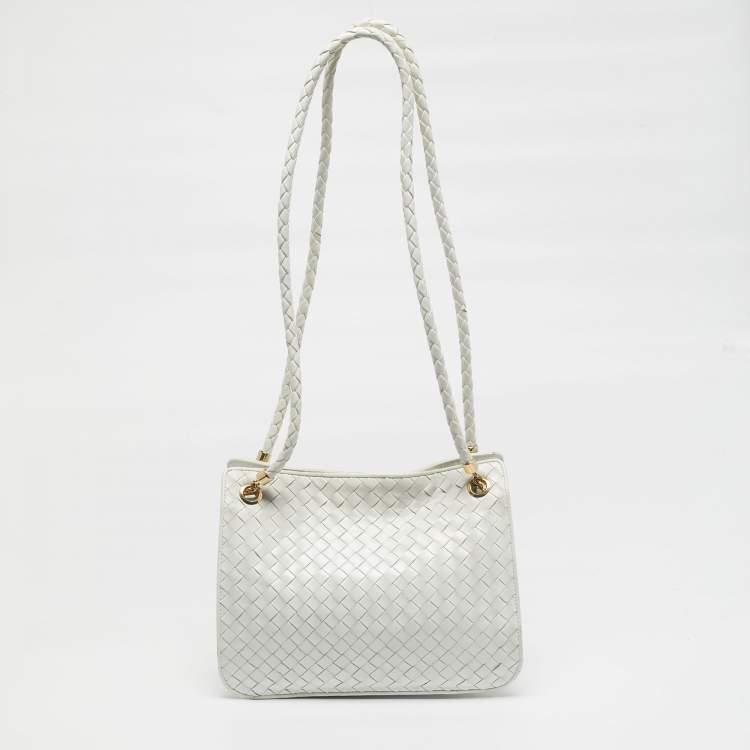 Pre Owned Bottega Veneta White Intrecciato Leather Shoulder Bag