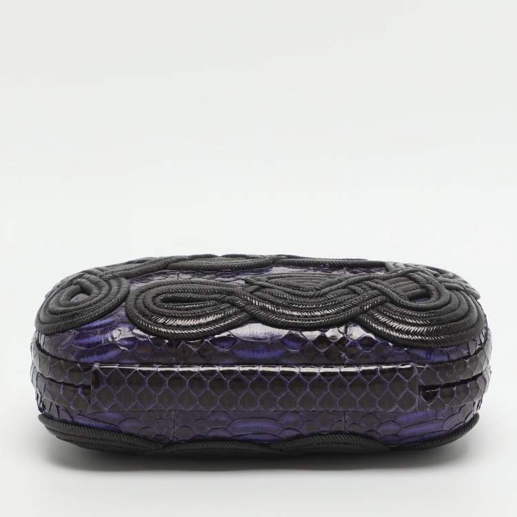 Pre Owned Bottega Veneta Knot Purple Nylon Embroidered and Python Leather Clutch