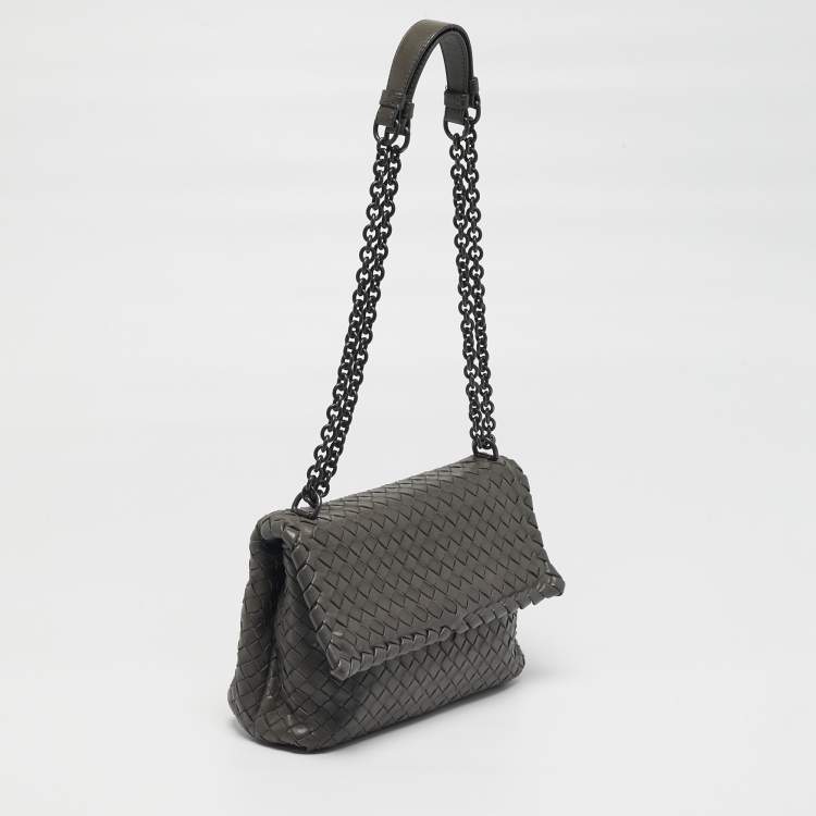 Pre Owned Bottega Veneta Olimpia Small Grey Intrecciato Leather Shoulder Bag
