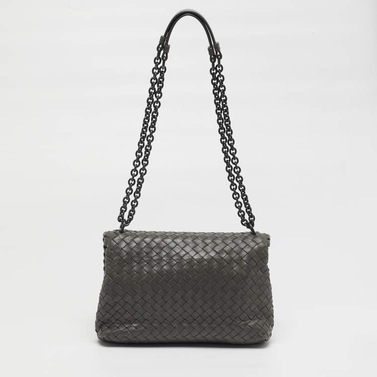 Pre Owned Bottega Veneta Olimpia Small Grey Intrecciato Leather Shoulder Bag