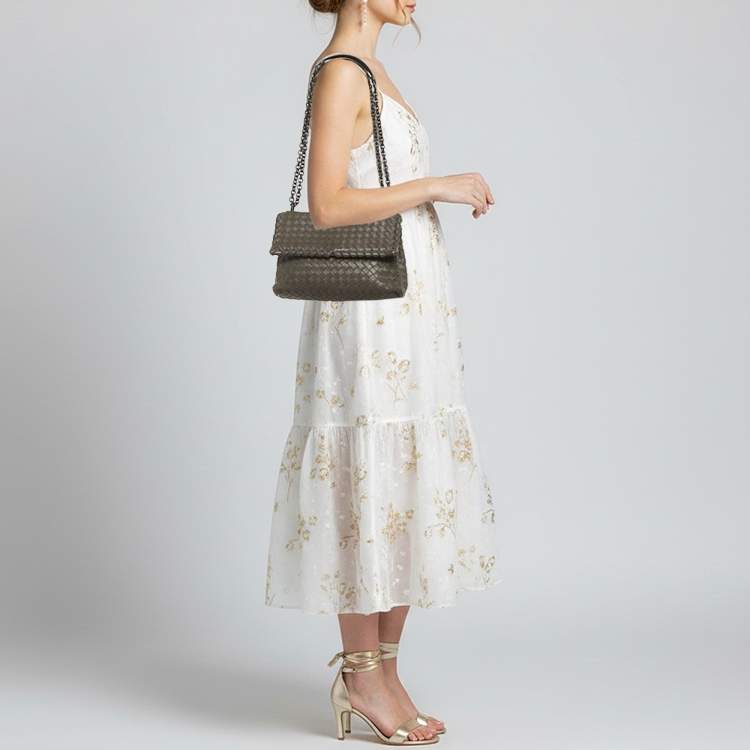 Pre Owned Bottega Veneta Olimpia Small Grey Intrecciato Leather Shoulder Bag