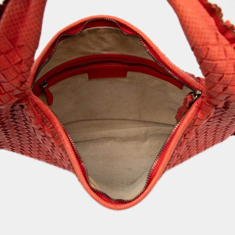 Pre Owned Bottega Veneta Red Small Perforated Nappa Intrecciato Veneta Hobo
