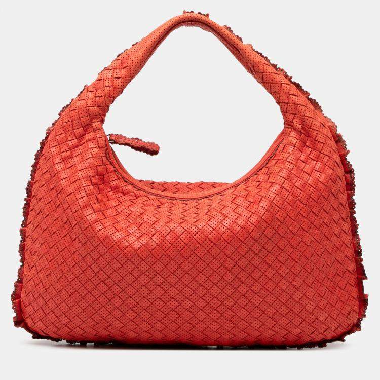 Pre Owned Bottega Veneta Red Small Perforated Nappa Intrecciato Veneta Hobo