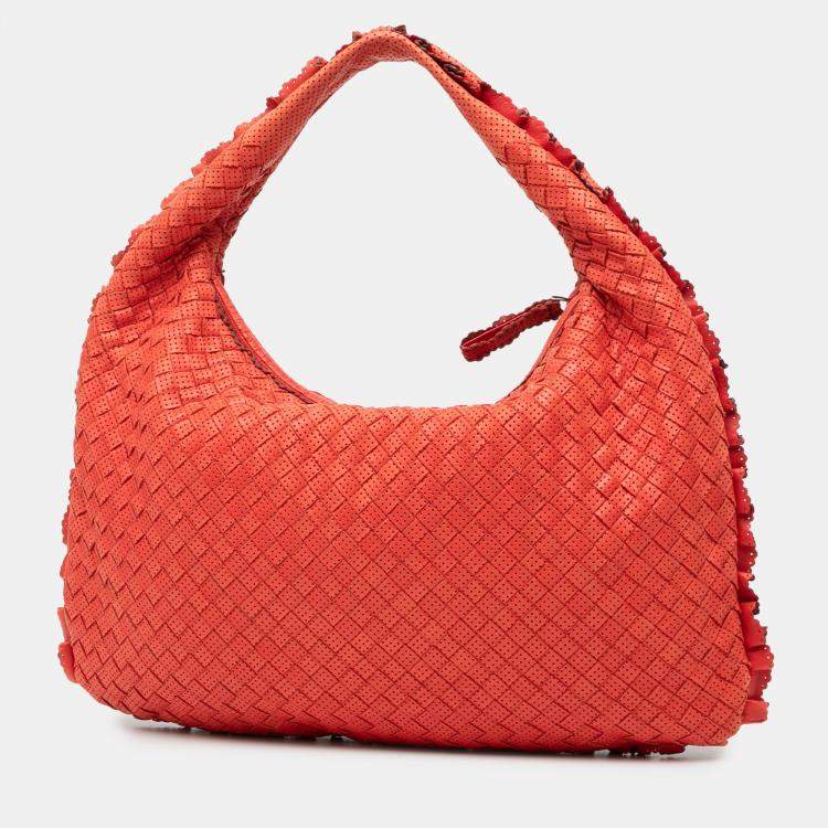 Pre Owned Bottega Veneta Red Small Perforated Nappa Intrecciato Veneta Hobo