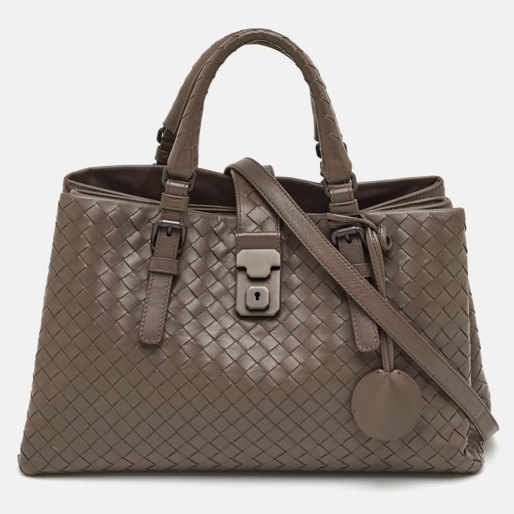 Pre Owned Bottega Veneta Roma Small Taupe Grey Intrecciato Leather Tote