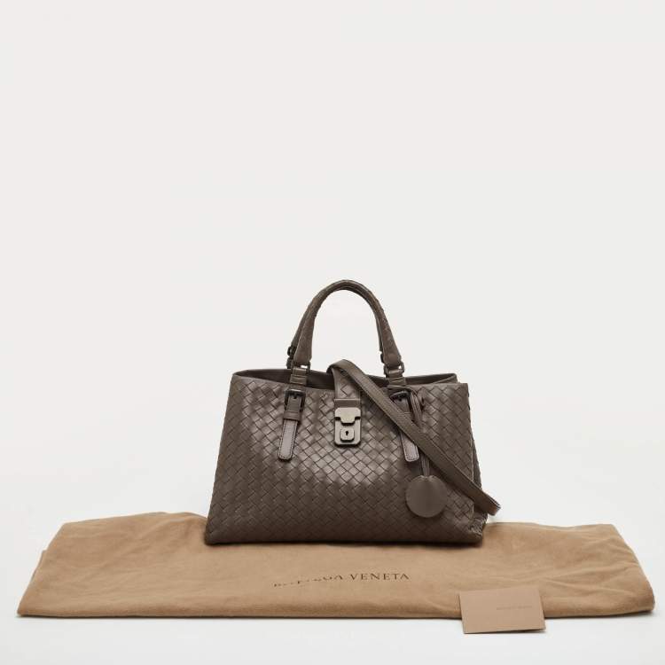 Pre Owned Bottega Veneta Roma Small Taupe Grey Intrecciato Leather Tote