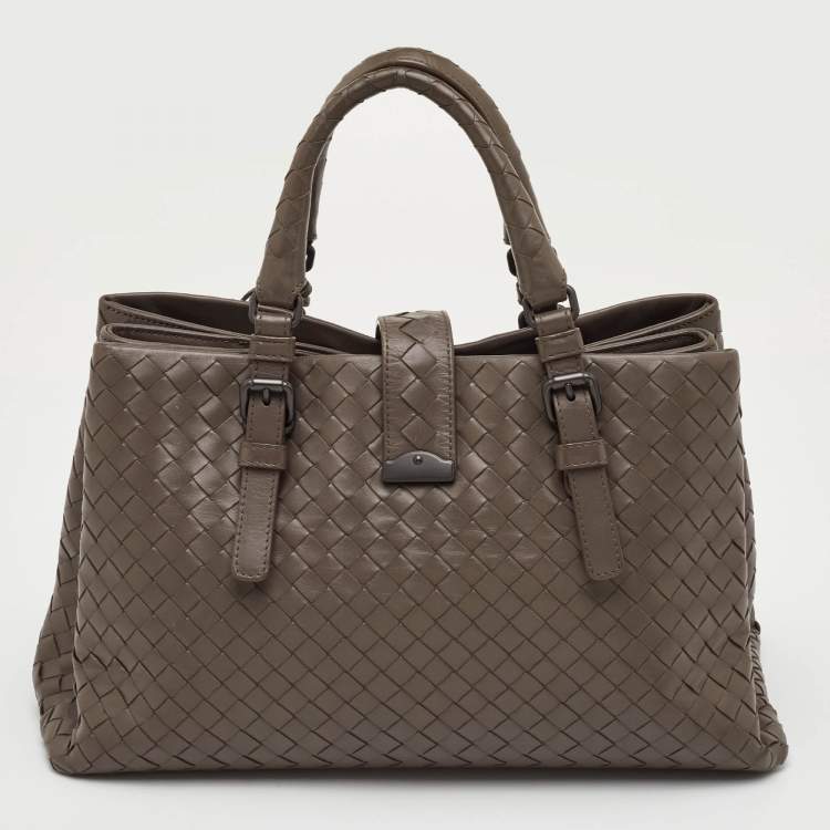 Pre Owned Bottega Veneta Roma Small Taupe Grey Intrecciato Leather Tote
