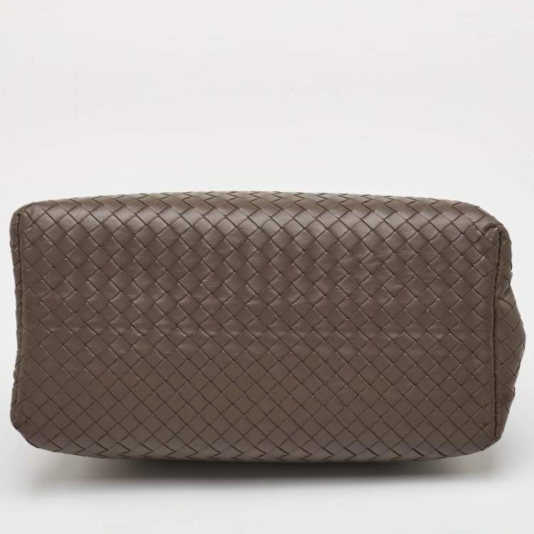 Pre Owned Bottega Veneta Roma Small Taupe Grey Intrecciato Leather Tote