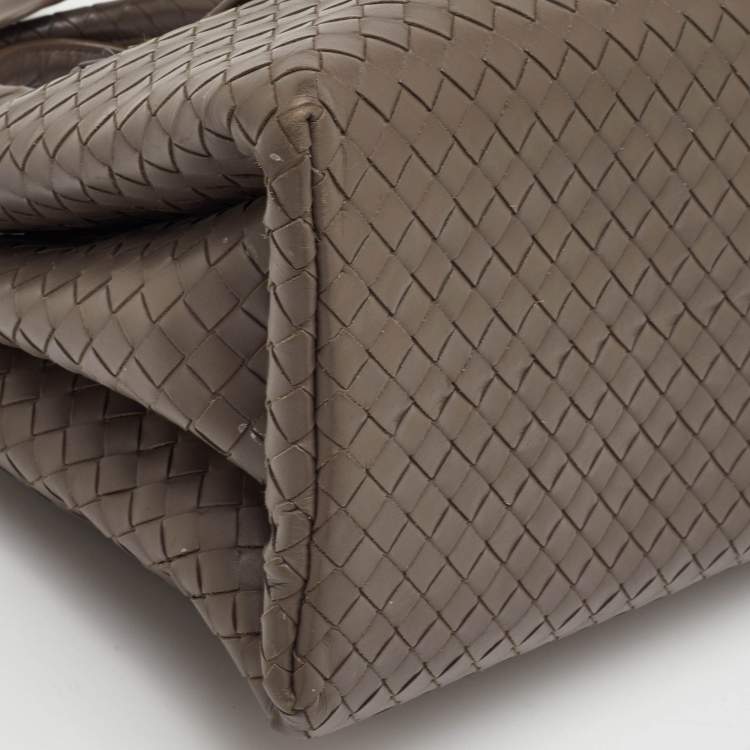 Pre Owned Bottega Veneta Roma Small Taupe Grey Intrecciato Leather Tote