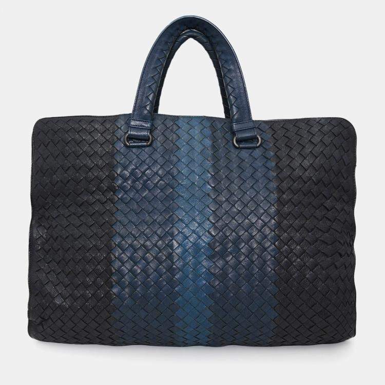 Pre Owned Bottega Veneta Black/Blue Intrecciato Leather Briefcase with Strap