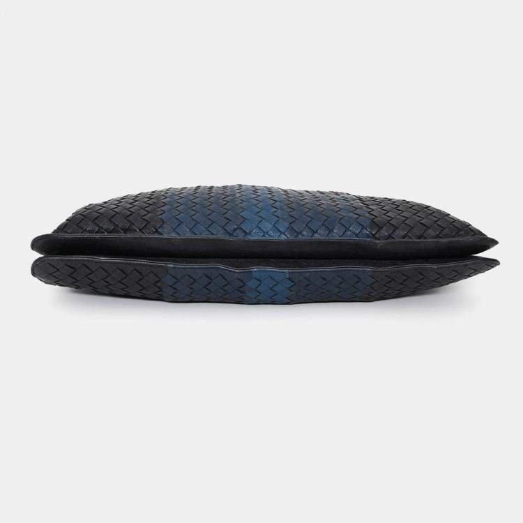 Pre Owned Bottega Veneta Black/Blue Intrecciato Leather Briefcase with Strap