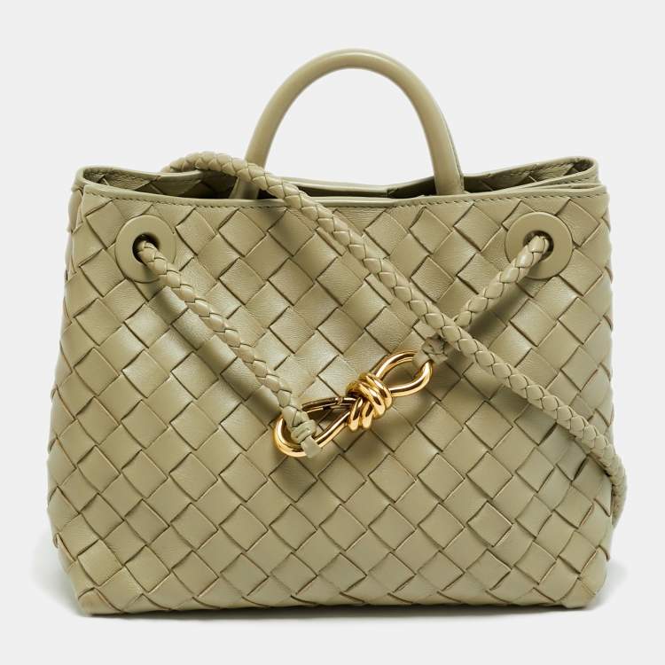 Pre Owned Bottega Veneta Andiamo Small Olive Green Intrecciato Leather Tote