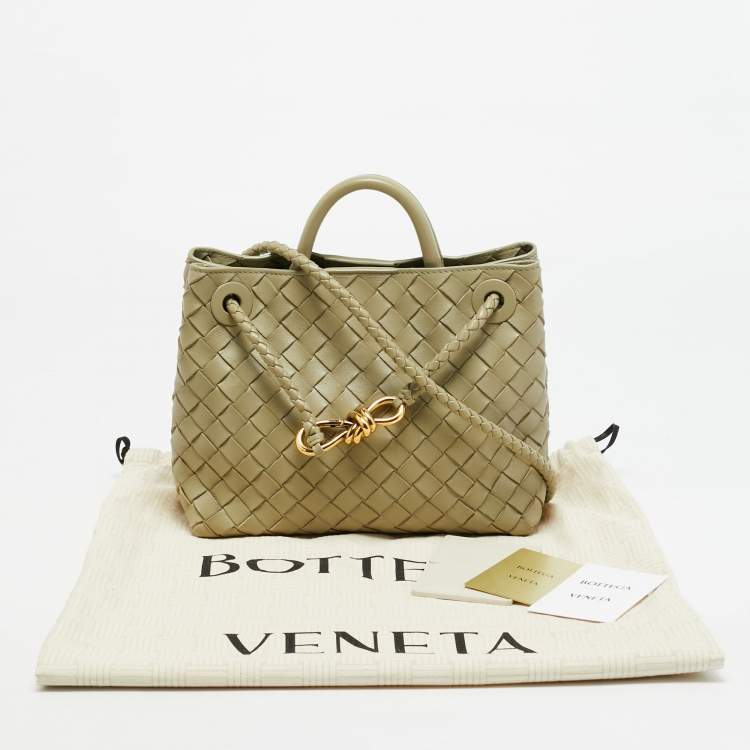 Pre Owned Bottega Veneta Andiamo Small Olive Green Intrecciato Leather Tote