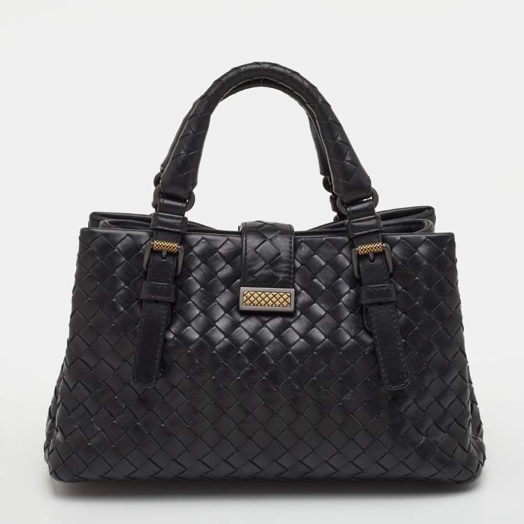 Pre Owned Bottega Veneta Roma Mini Black Intrecciato Leather Tote