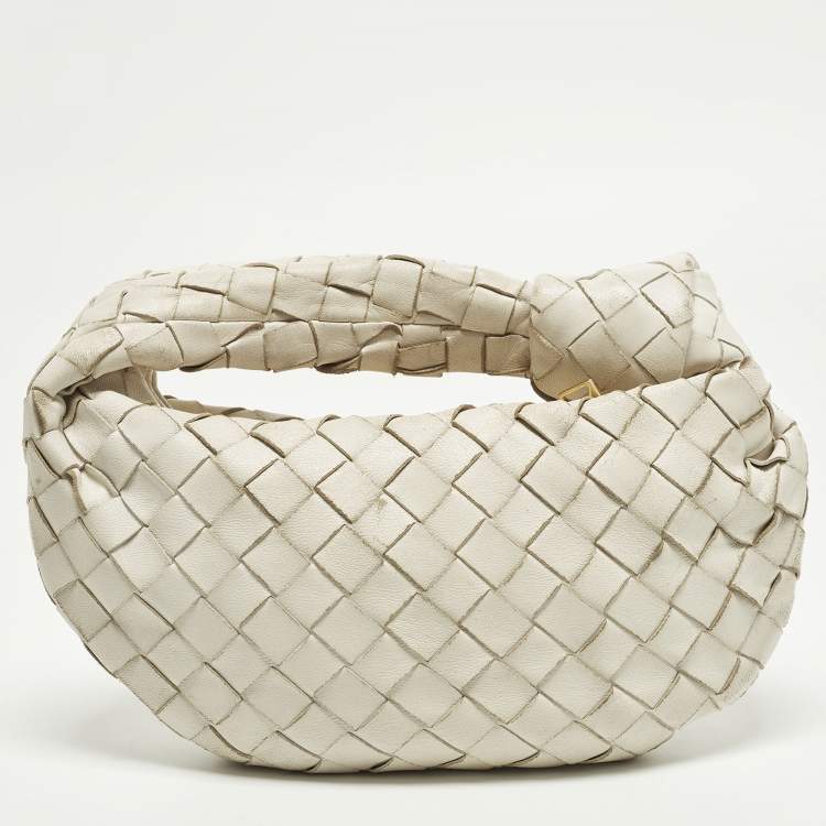 Pre Owned Bottega Veneta Jodie Mini Intrecciato White Leather Hobo