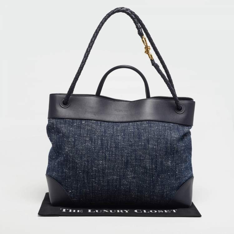 Pre Owned Bottega Veneta Andiamo Large Navy Blue Denim and Leather Tote