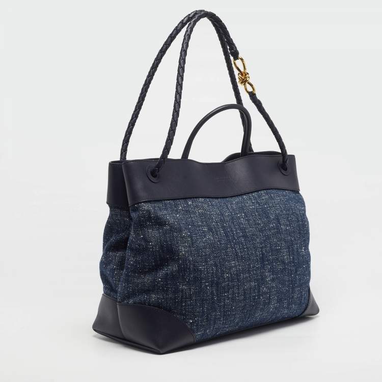 Pre Owned Bottega Veneta Andiamo Large Navy Blue Denim and Leather Tote