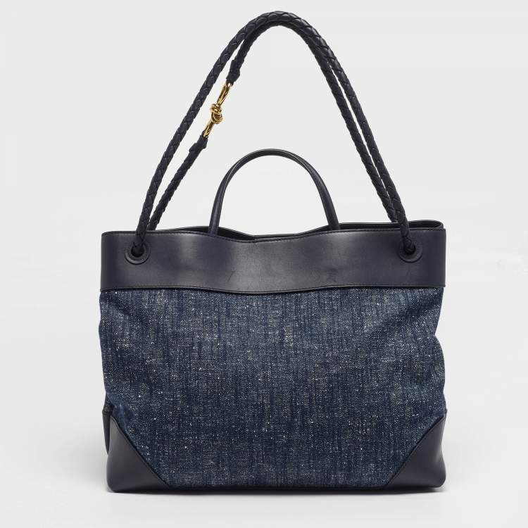 Pre Owned Bottega Veneta Andiamo Large Navy Blue Denim and Leather Tote