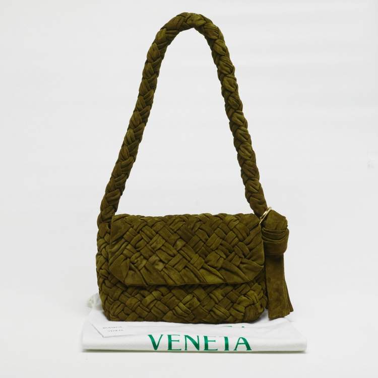 Pre Owned Bottega Veneta Kalimero Città Medium Olive Green Intreccio Suede Shoulder Bag