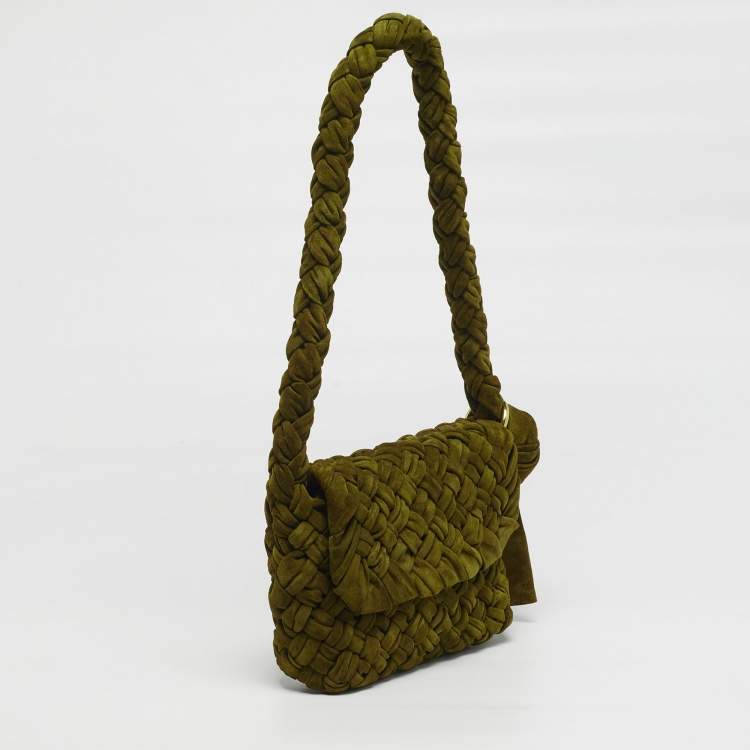 Pre Owned Bottega Veneta Kalimero Città Medium Olive Green Intreccio Suede Shoulder Bag