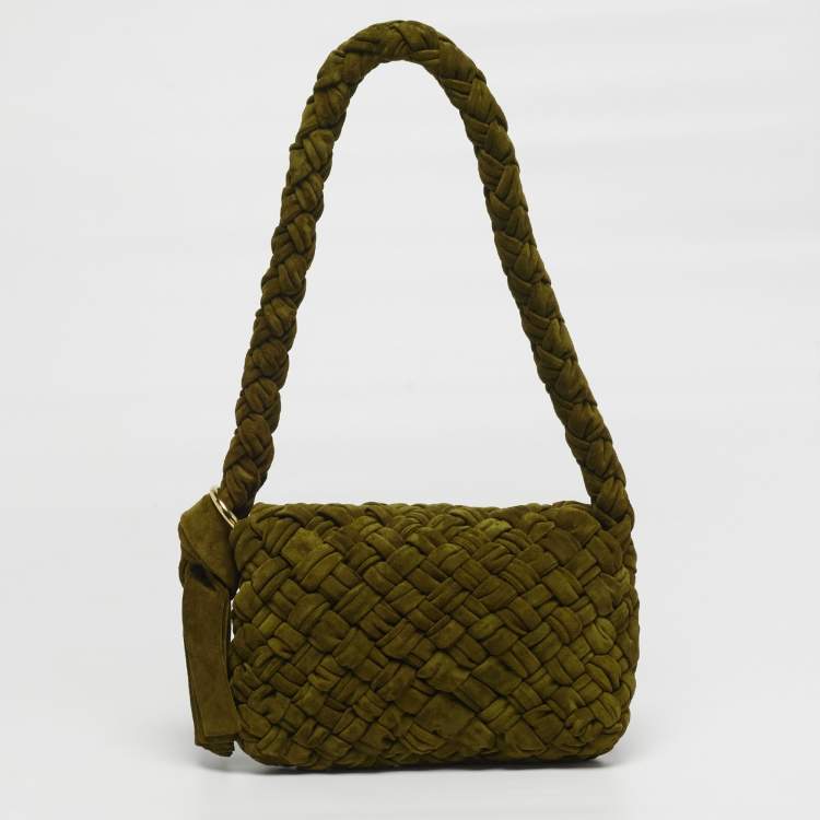 Pre Owned Bottega Veneta Kalimero Città Medium Olive Green Intreccio Suede Shoulder Bag