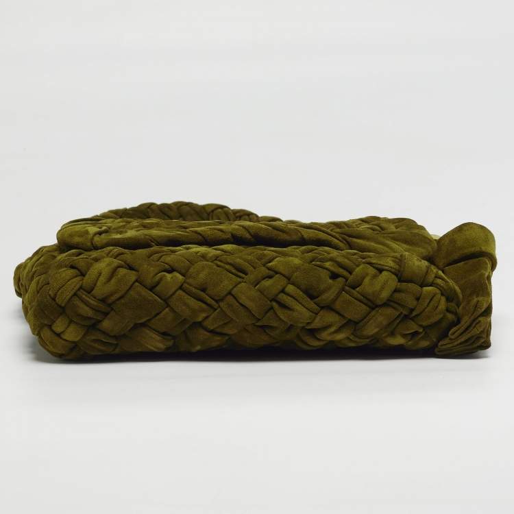 Pre Owned Bottega Veneta Kalimero Città Medium Olive Green Intreccio Suede Shoulder Bag