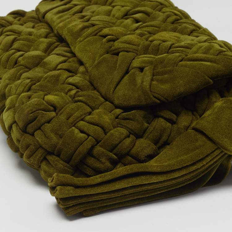 Pre Owned Bottega Veneta Kalimero Città Medium Olive Green Intreccio Suede Shoulder Bag