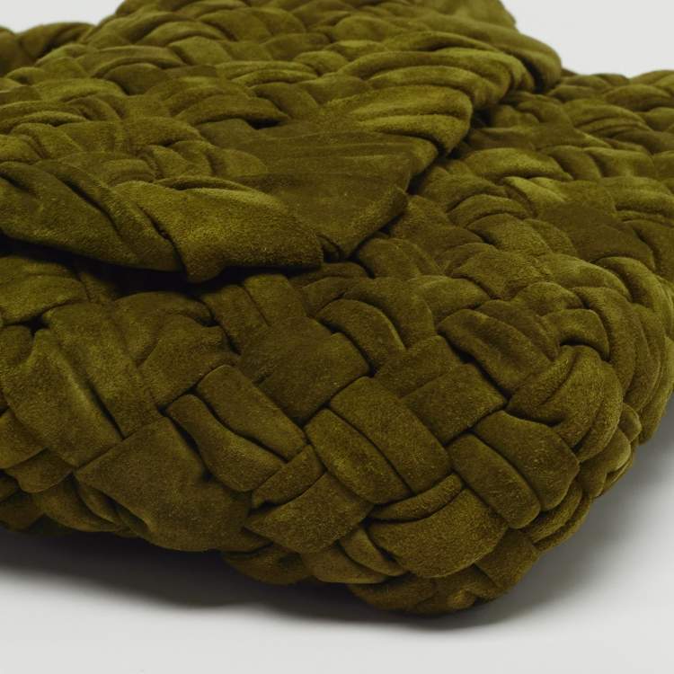 Pre Owned Bottega Veneta Kalimero Città Medium Olive Green Intreccio Suede Shoulder Bag