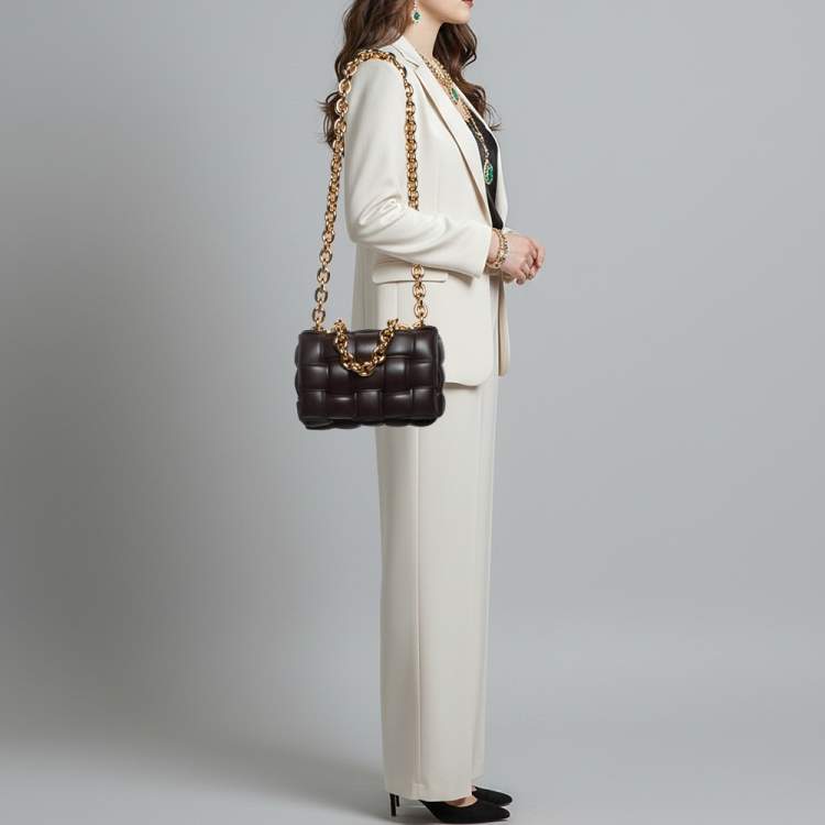 Pre Owned Bottega Veneta Cassette Chain Brown Padded Leather Shoulder Bag