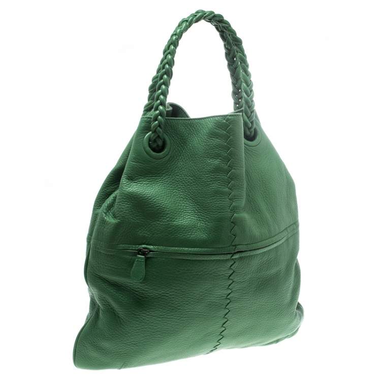 Pre Owned Bottega Veneta Green Leather Braided Handle Hobo