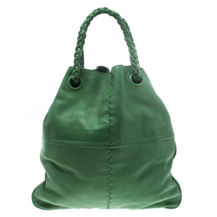 Pre Owned Bottega Veneta Green Leather Braided Handle Hobo