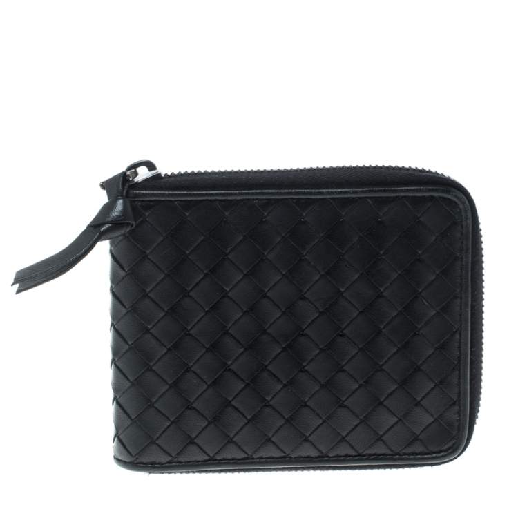 Pre Owned Bottega Veneta Black Intrecciato Leather Zip Around Wallet
