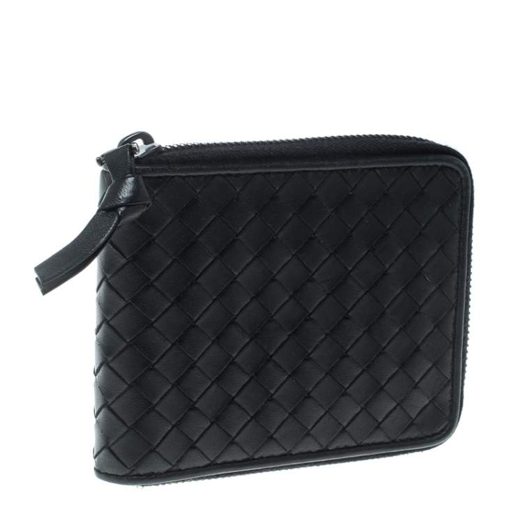 Pre Owned Bottega Veneta Black Intrecciato Leather Zip Around Wallet