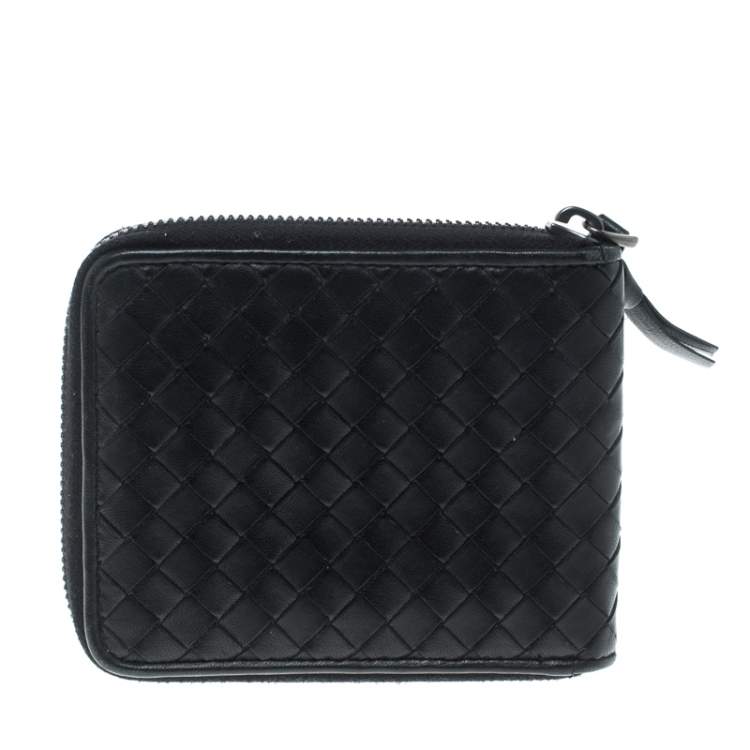 Pre Owned Bottega Veneta Black Intrecciato Leather Zip Around Wallet