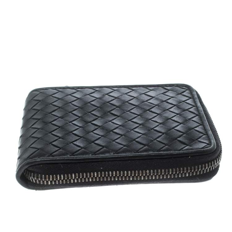 Pre Owned Bottega Veneta Black Intrecciato Leather Zip Around Wallet