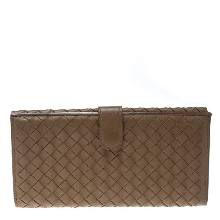 Pre Owned Bottega Veneta Light Brown Intrecciato Leather Wallet 