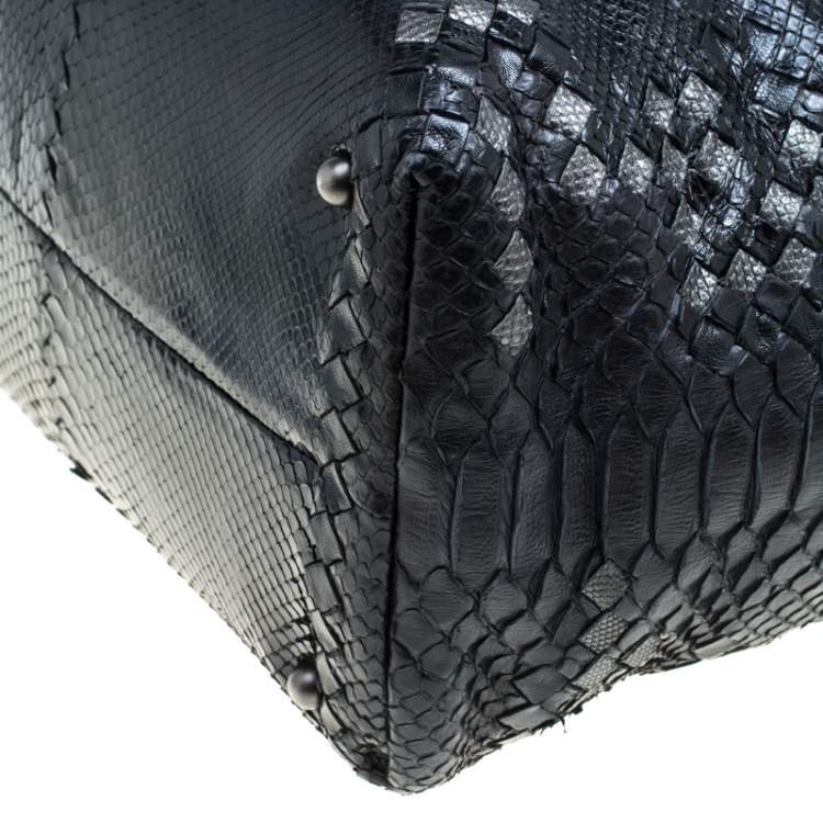 Pre Owned Bottega Veneta Black Python and Leather Intrecciato Detail Brick Bag