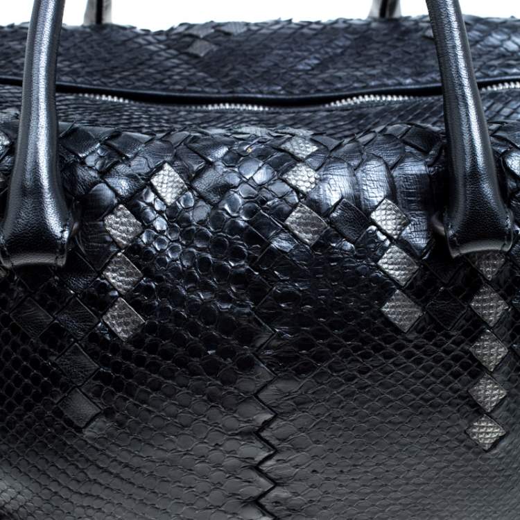 Pre Owned Bottega Veneta Black Python and Leather Intrecciato Detail Brick Bag