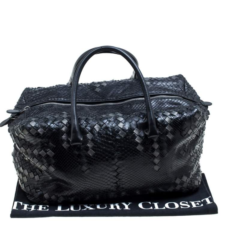 Pre Owned Bottega Veneta Black Python and Leather Intrecciato Detail Brick Bag