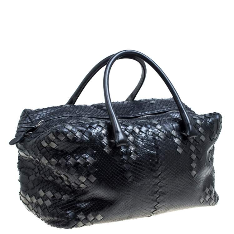 Pre Owned Bottega Veneta Black Python and Leather Intrecciato Detail Brick Bag
