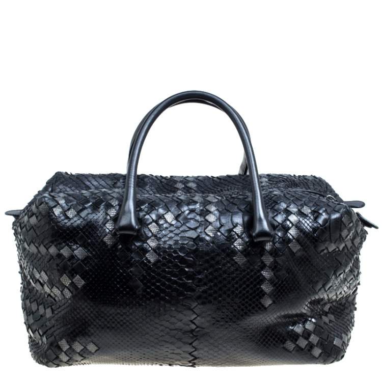 Pre Owned Bottega Veneta Black Python and Leather Intrecciato Detail Brick Bag
