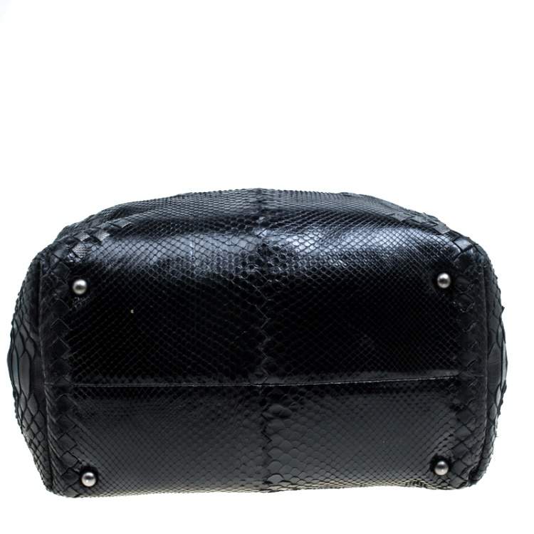Pre Owned Bottega Veneta Black Python and Leather Intrecciato Detail Brick Bag