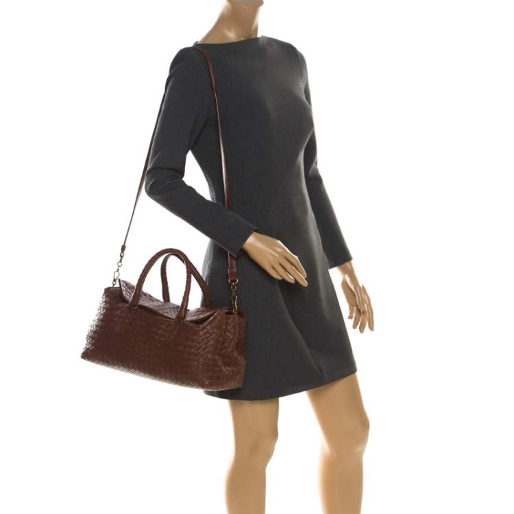 Pre Owned Bottega Veneta Brown Leather Intrecciato Montaigne Satchel