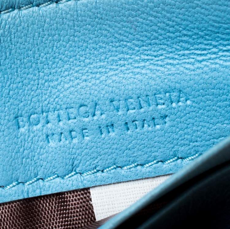 Pre Owned Bottega Veneta Light Blue Intrecciato Leather Zip Card Holder