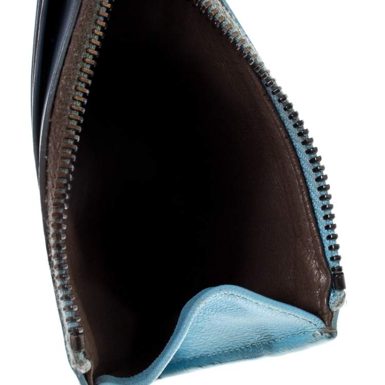 Pre Owned Bottega Veneta Light Blue Intrecciato Leather Zip Card Holder