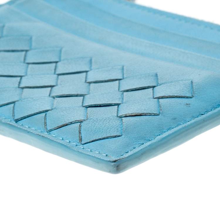 Pre Owned Bottega Veneta Light Blue Intrecciato Leather Zip Card Holder