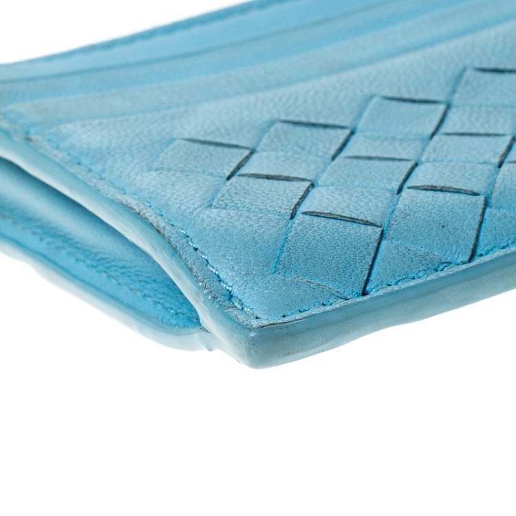 Pre Owned Bottega Veneta Light Blue Intrecciato Leather Zip Card Holder