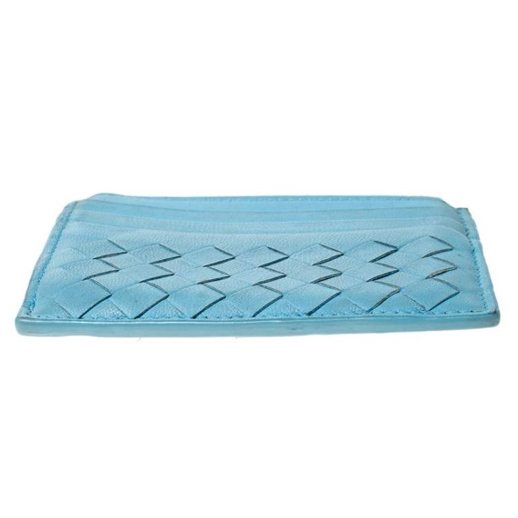 Pre Owned Bottega Veneta Light Blue Intrecciato Leather Zip Card Holder